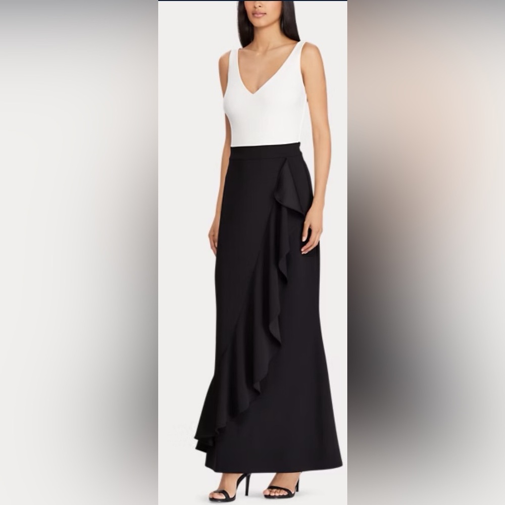 Ralph Lauren Cream and Black Maxi Dress Cascade Front